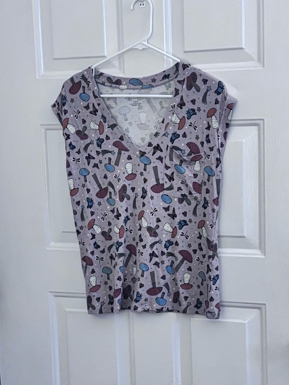 No Boundaries Tan V-Neck Tee with Mushroom & Butterfly Print